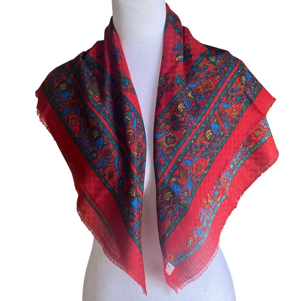 Vintage Made in Italy Red Floral Paisley Square Scarf Fringed 31x31